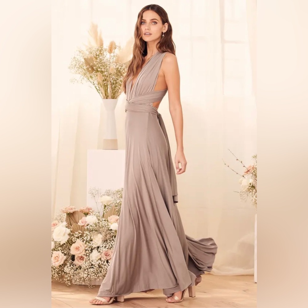 Lulu’s Tricks of The Trade taupe convertible maxi dress, size S